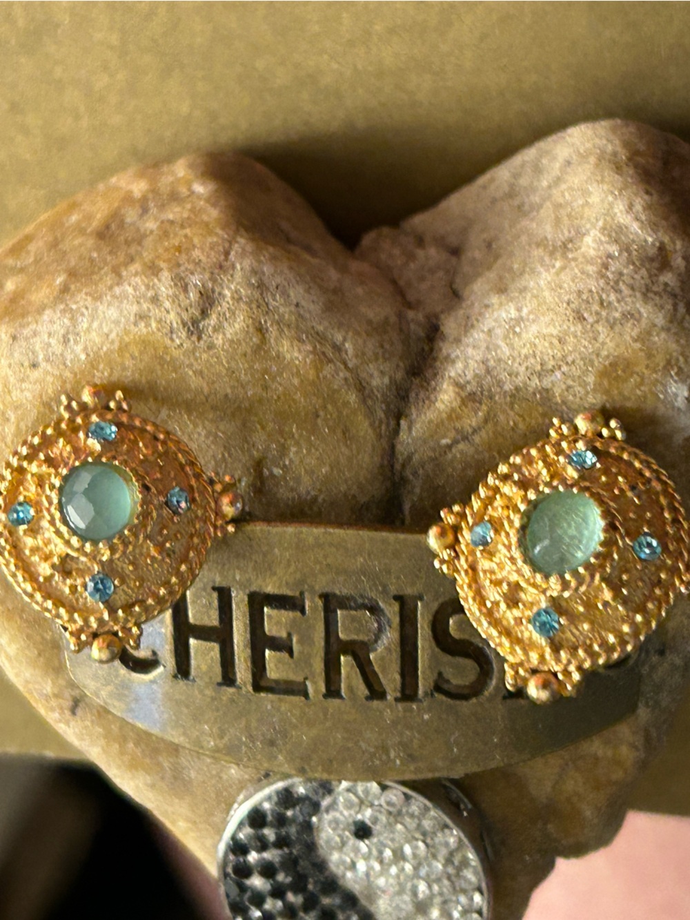 Earrings Renaissance look Goldtone ovals aqua blue cabochon & crystals. Pierced - Picture 3 of 7